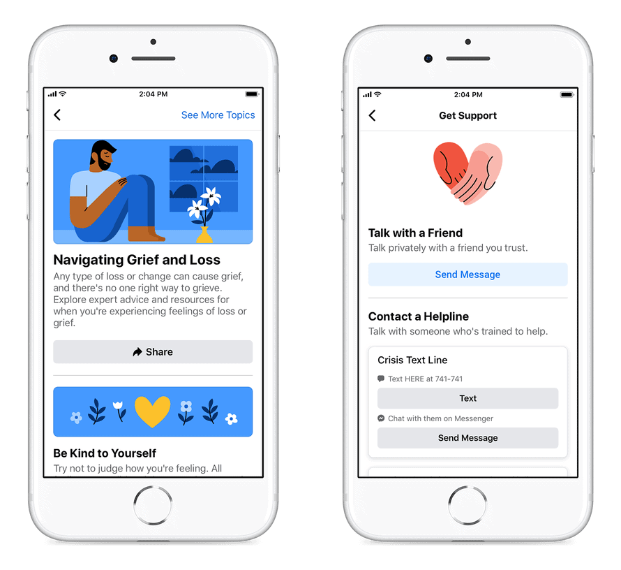 Imagem de duas telas de smartphone mostrando recursos de apoio emocional e suporte psicológico online, promovendo bem-estar digital e estratégias de saúde menta.