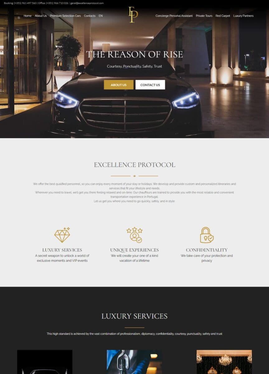 Carro de luxo estacionado na entrada de um edifício sofisticado, destacando serviços de segurança e privacidade para clientes de alto padrão.