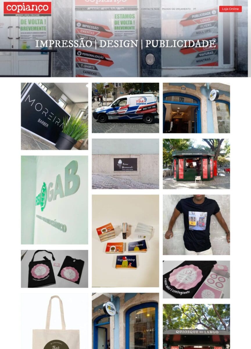 Coleção de imagens mostrando publicidade, branding, design de lojas e veículos, destacando estratégias de marketing digital e crescimento de negócios.