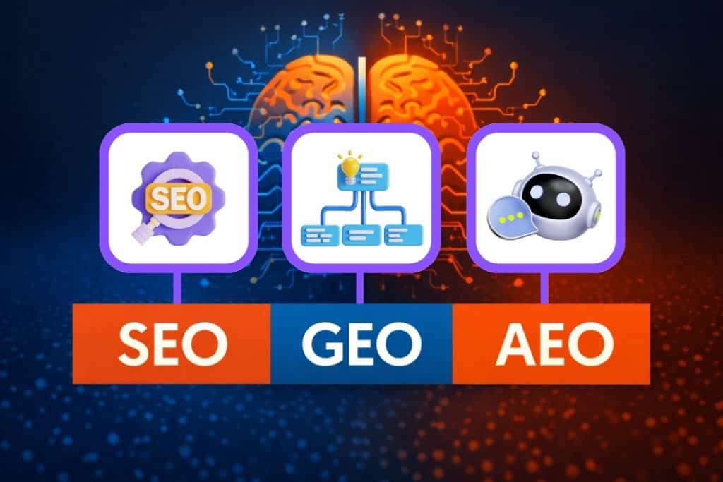 Ilustração SEO, GEO e AEO com ícones 3D que representam otimização para Google, motores de busca por IA e respostas automáticas