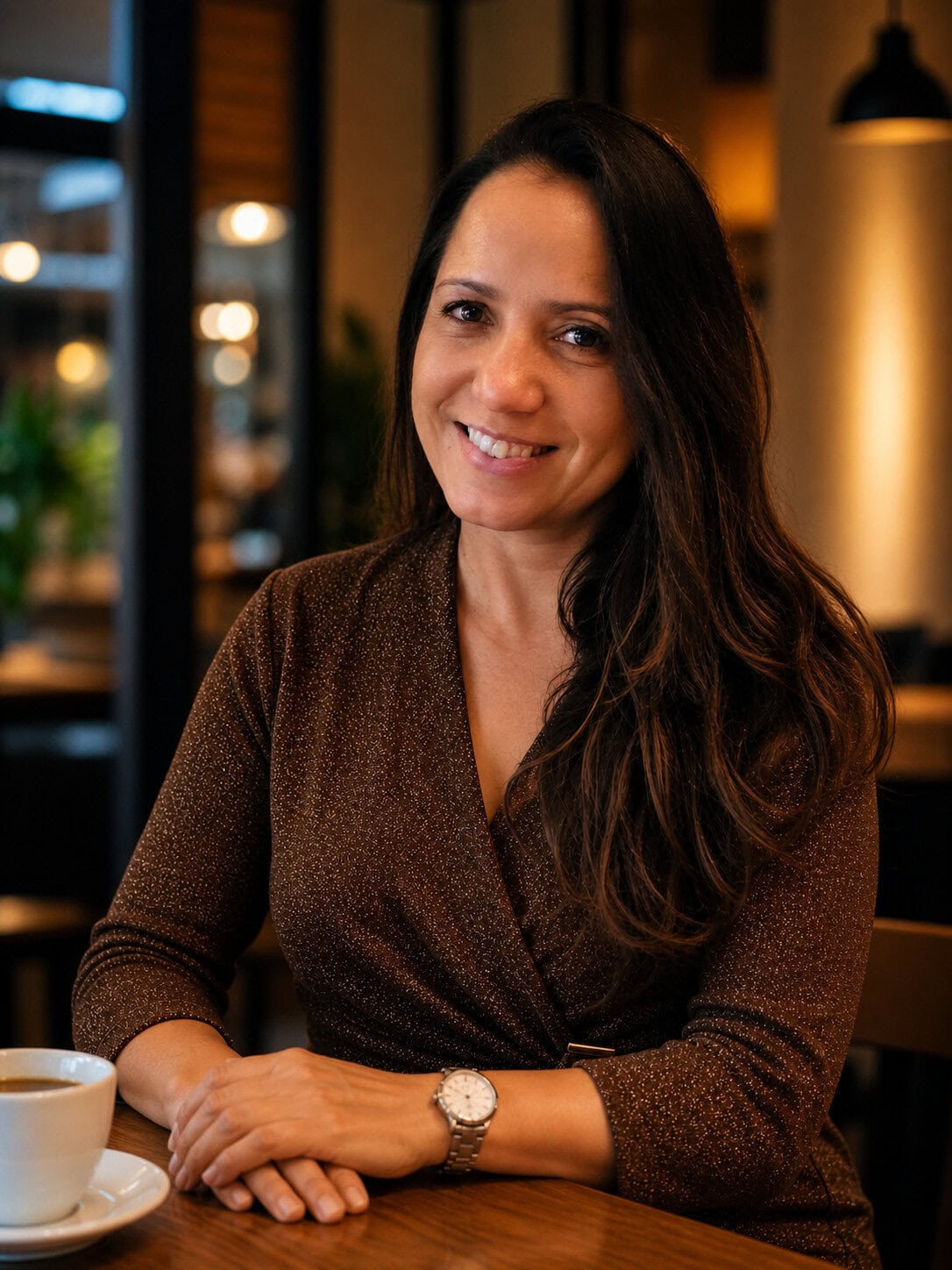 Mulher sorridente em ambiente de café, representando confiança e profissionalismo na criação de websites, estratégias digitais e branding para negócios.