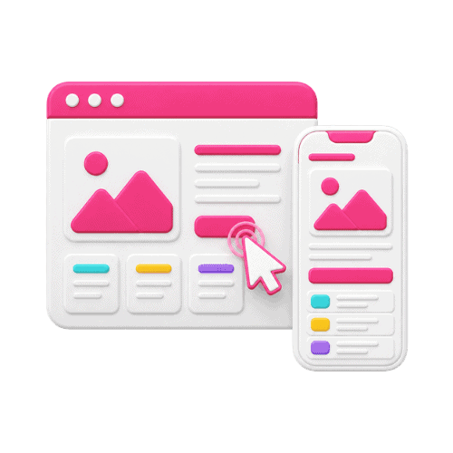 Imagem de interface de website responsivo com elementos de design digital e botões de ação.