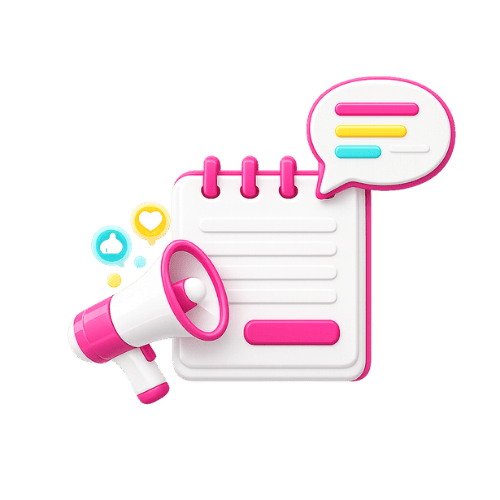A imagem apresenta um bloco de notas com balões de fala coloridos, um megafone rosa e elementos gráficos que representam comunicação, marketing digital e estratégias online.