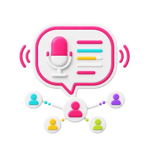 Imagem de microfone e comunicação digital com ícones de pessoas conectadas.