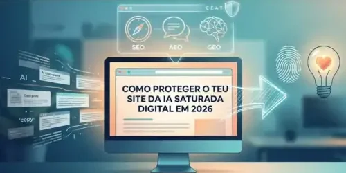 A imagem mostra um monitor de computador exibindo o texto "Como proteger o teu site da saturação digital em 2026", com ícones relacionados a SEO, AEO e GEO ao r.