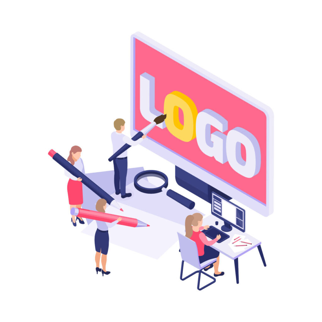 Branding concept icon with people drawing and painting logo 3d vector illustration